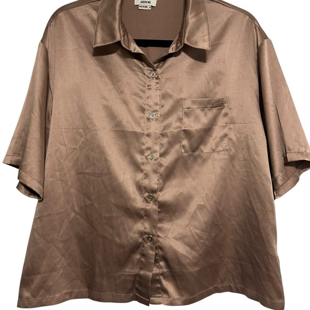 Jason Wu Women’s Satin Blouse Short Sleeve Button-Down Brown Champagne Size M - Picture 1 of 4